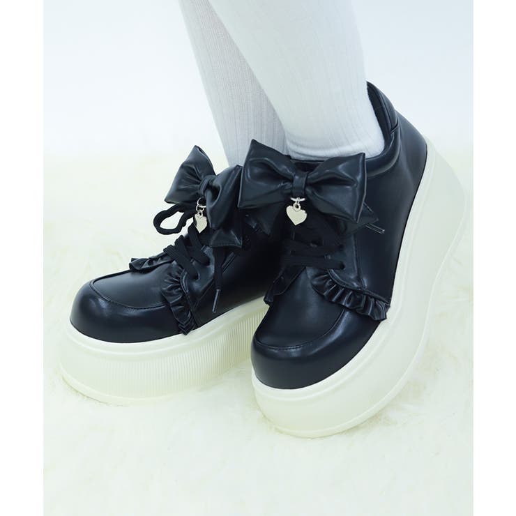 黒 | リボン付き合皮厚底スニーカー | axes femme