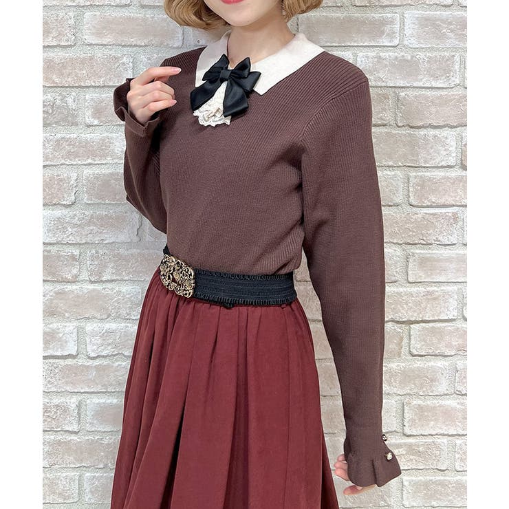 Ｄブラウン | ブローチ付バイカラー襟ニット | axes femme