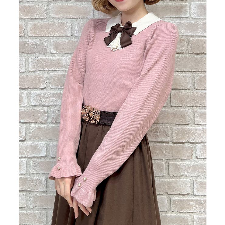 ピンク | ブローチ付バイカラー襟ニット | axes femme