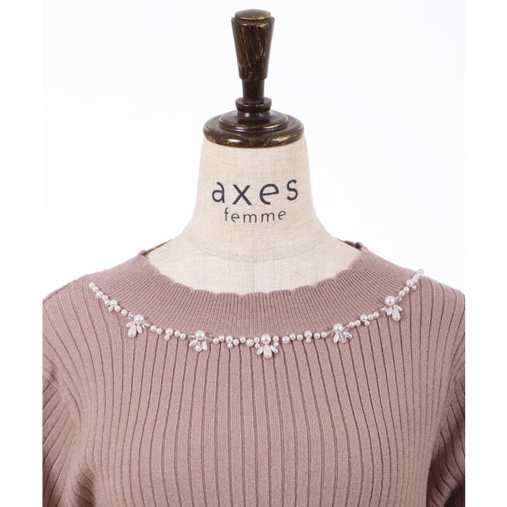 00s 希少 axes femme ビッグリボン ビジューレース編みピンクカーデ axes femme（アクシーズファム）の「レースアップ袖ニットCD
