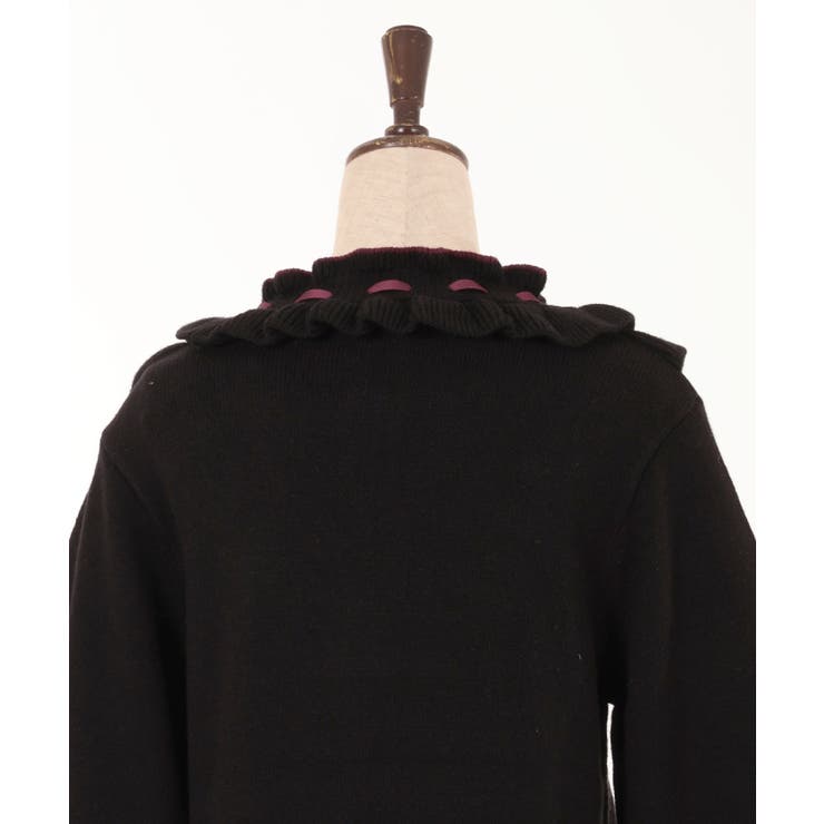 ワッフルヨークフリルニット　ブラック　アンミヌ ヨークフリルニットプルオーバー[品番：IGAW0004385]｜axes femme