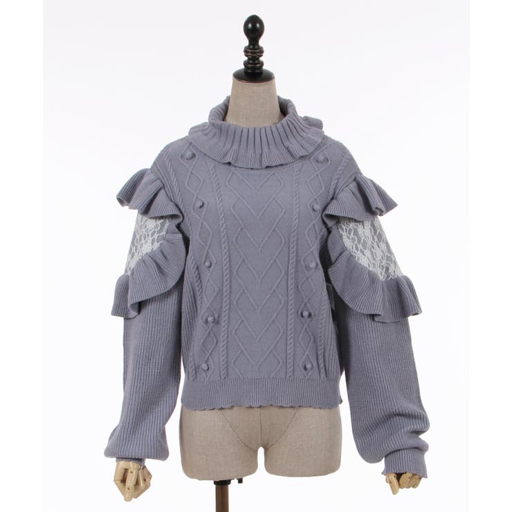 15AW フリルタートルプルオーバー パール付きフリルタートルネックリブニットプルオーバー