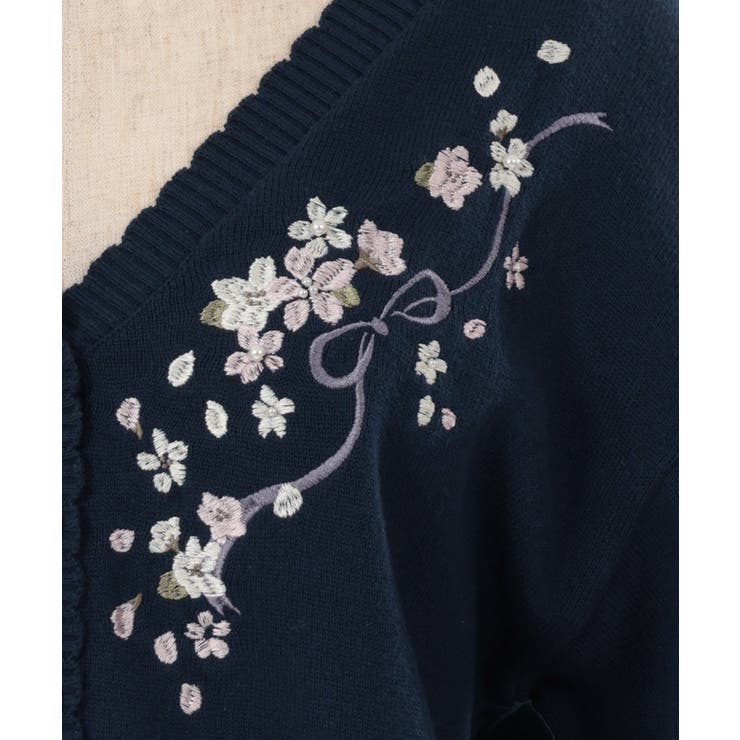 axes femme SAKURA 刺繍 ショートカーディガン ネイビー 紺 桜
