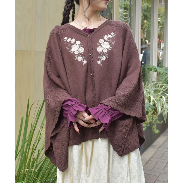 ローズ刺繍ニットポンチョ[品番：IGAW0005542]｜axes femme