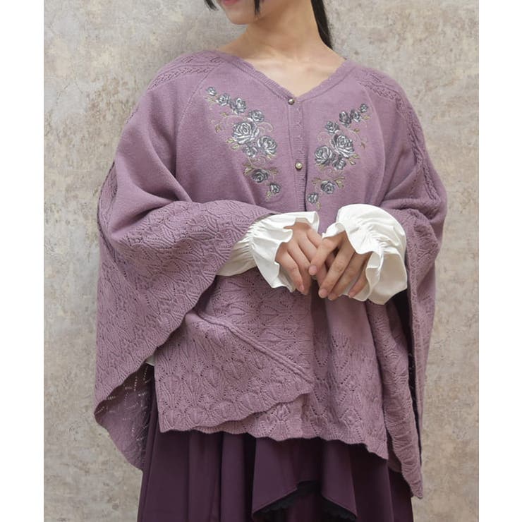 タグ付き！ローズ刺繍裏毛 ローズ刺繍ニットポンチョ[品番：IGAW0005542]｜axes femme