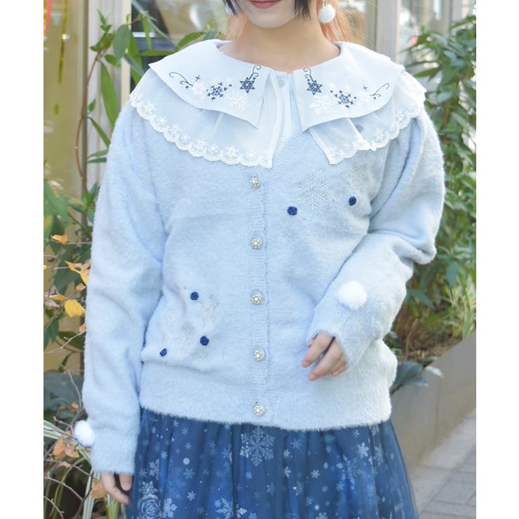 サックス | スノー・ローズ刺繍カーデ | axes femme