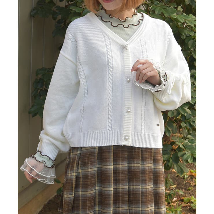 白 | リボン釦編み上げニットカーディガン | axes femme