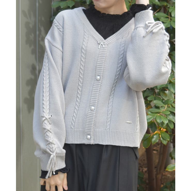 グレー | リボン釦編み上げニットカーディガン | axes femme