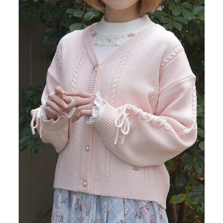 ピンク | リボン釦編み上げニットカーディガン | axes femme