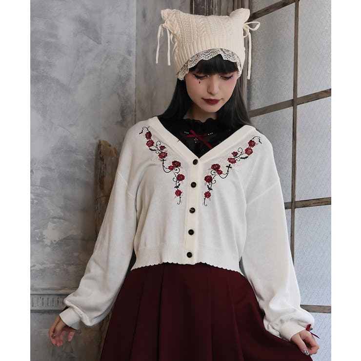 生成り | 薔薇刺繍×蝙蝠釦ニットカーデ | axes femme