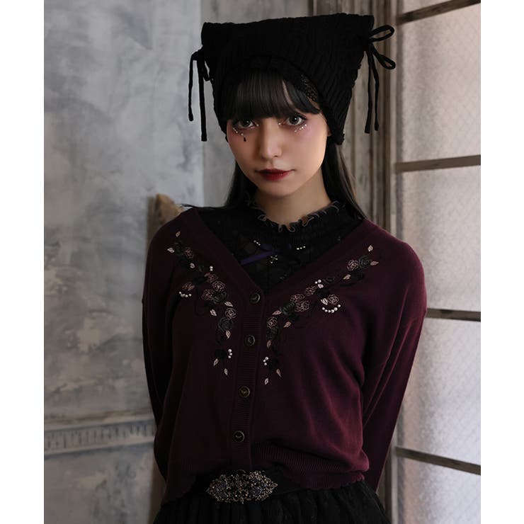 パープル | 薔薇刺繍×蝙蝠釦ニットカーデ | axes femme