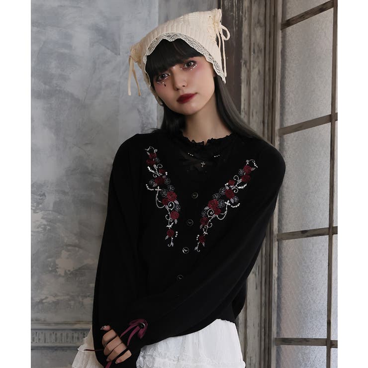 黒 | 薔薇刺繍×蝙蝠釦ニットカーデ | axes femme
