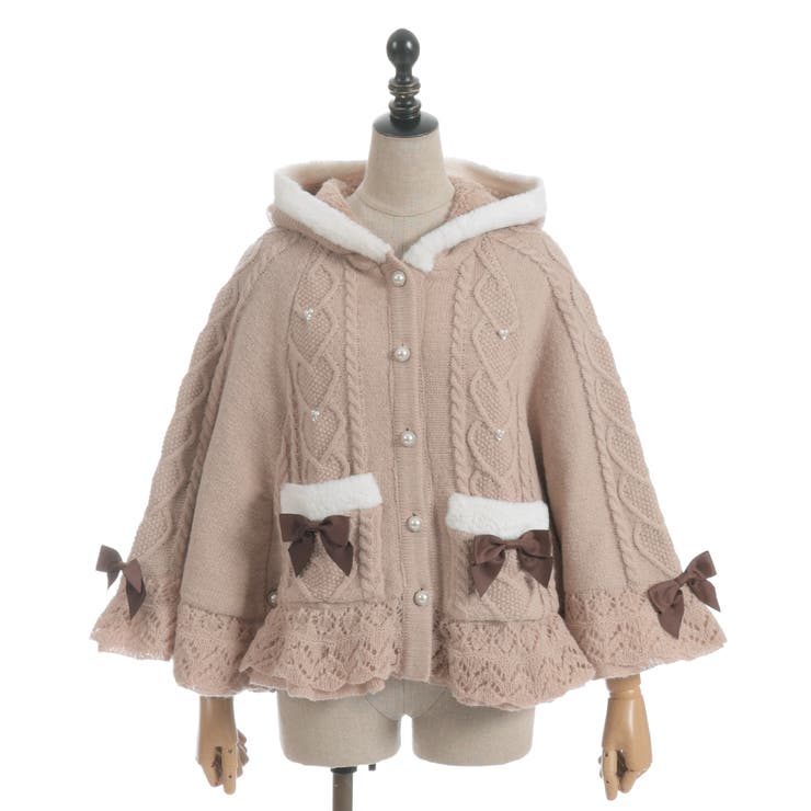 キュート❣️秋冬☆優しいチョコブラウン♡ニット調ベアとふわふわポンポンのピアス♡ DUAL VIEW ファー付きポンチョ VERILADY | ふわふわファー付きポンチョ