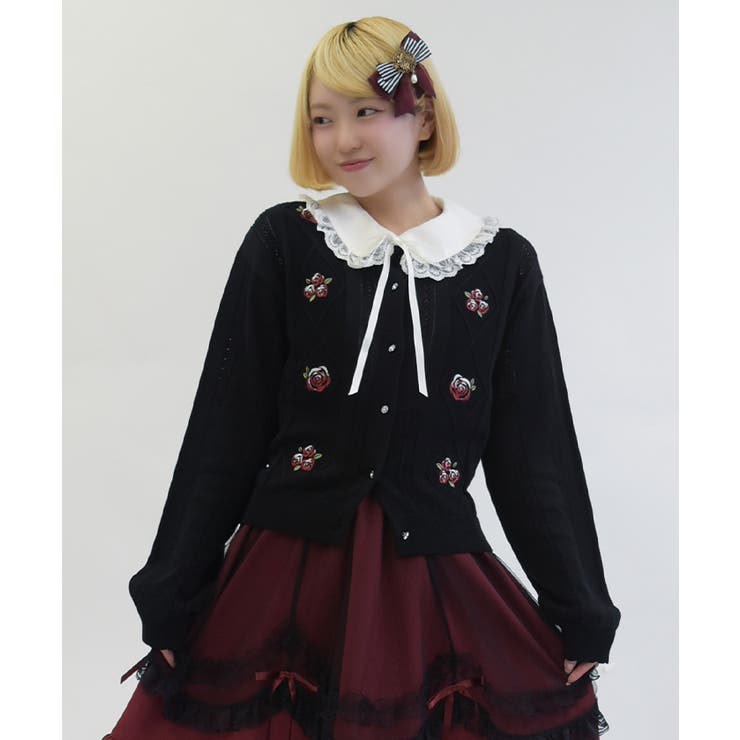 黒 | バラ刺繍ダイヤ柄ニットカーディガン | axes femme