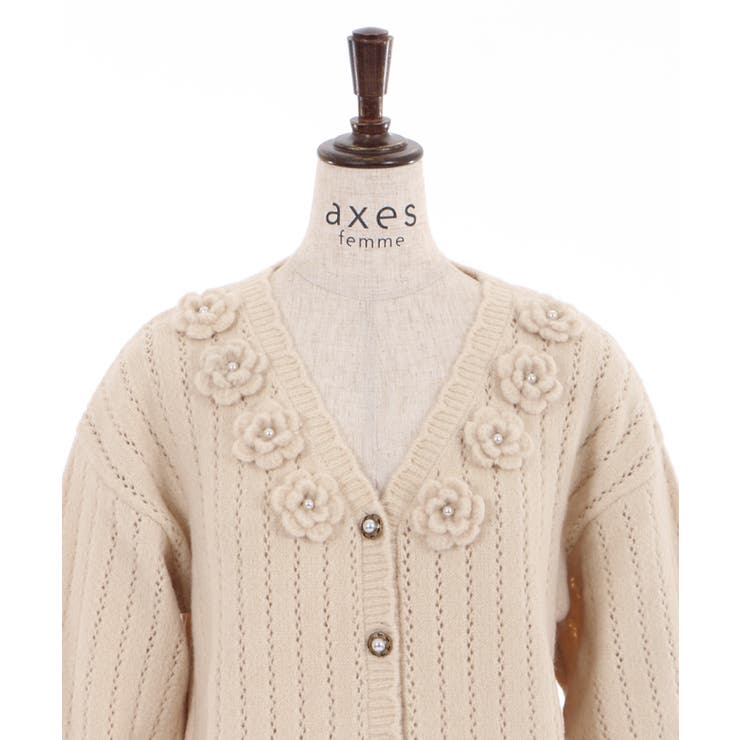 最新　完売　かぎ針お花モチーフ付きニットカーディガン　グレー 新品】TSUHARU＊かぎ針お花モチーフ付きニットカーディガン