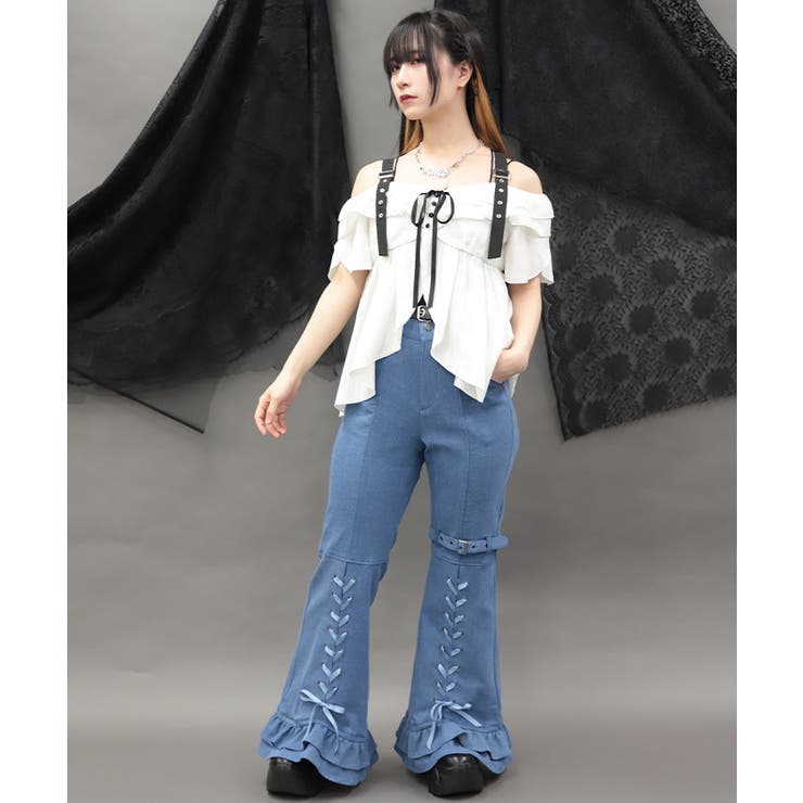 ウォッシュ | レースアップフレアデニムパンツ | axes femme