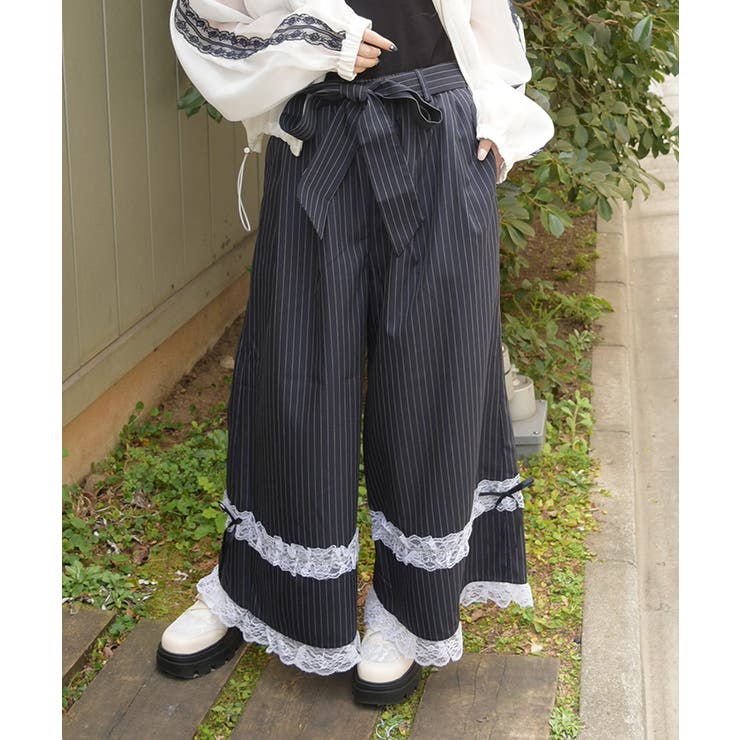 紺 | フリルレースワイドパンツ | axes femme