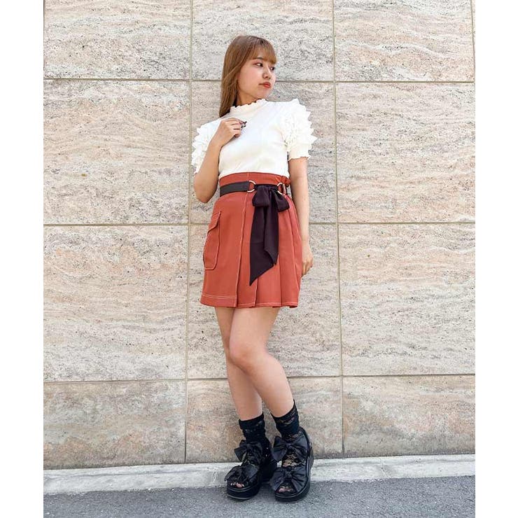 axes femme♡ビッグリボン♡タンクトップ♡オレンジ❤︎ アクシーズファム 良品 ビッグリボン ベスト重ね風ブラウス ストライプ