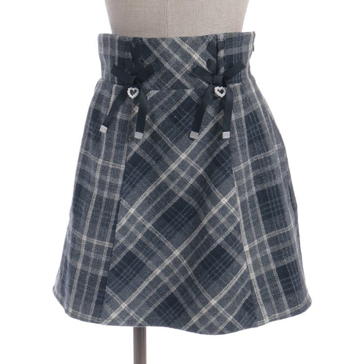 黒 | Ｗリボン起毛チェックミニスカート | axes femme