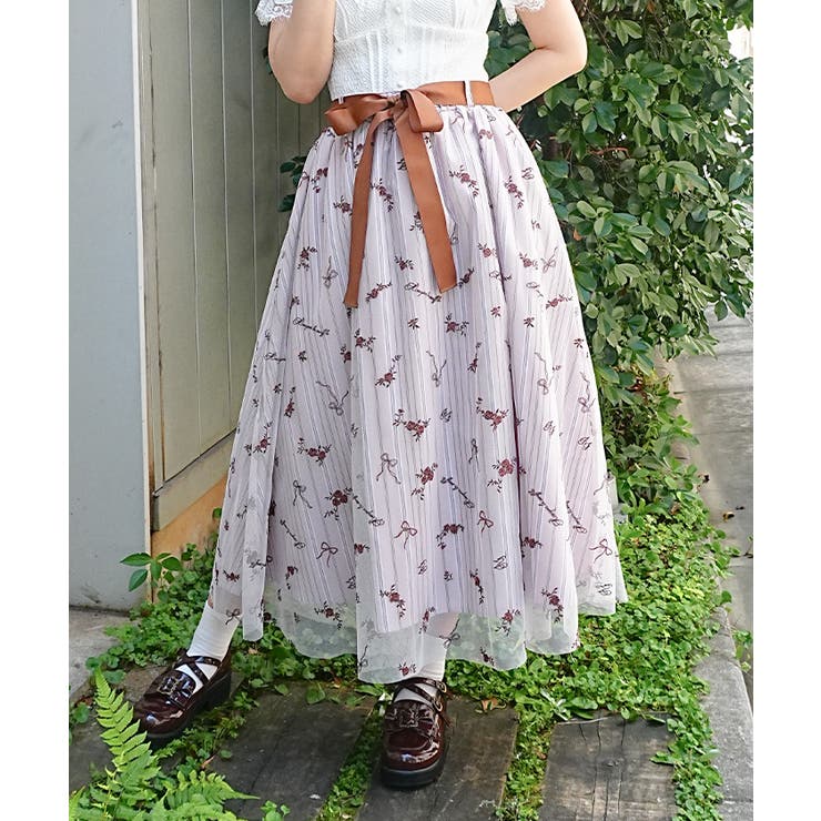 ピンク | 刺繍チュールストライプ柄スカート | axes femme