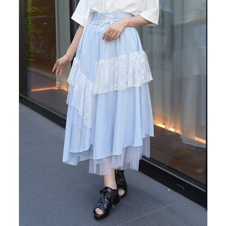 サックス | レースアップ異素材ロングスカート | axes femme