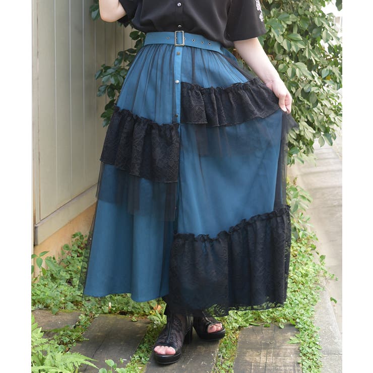 ブルーグリーン | 異素材切替ロングスカート | axes femme