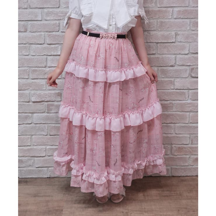 ピンク | リボン柄シアーチェックスカート | axes femme