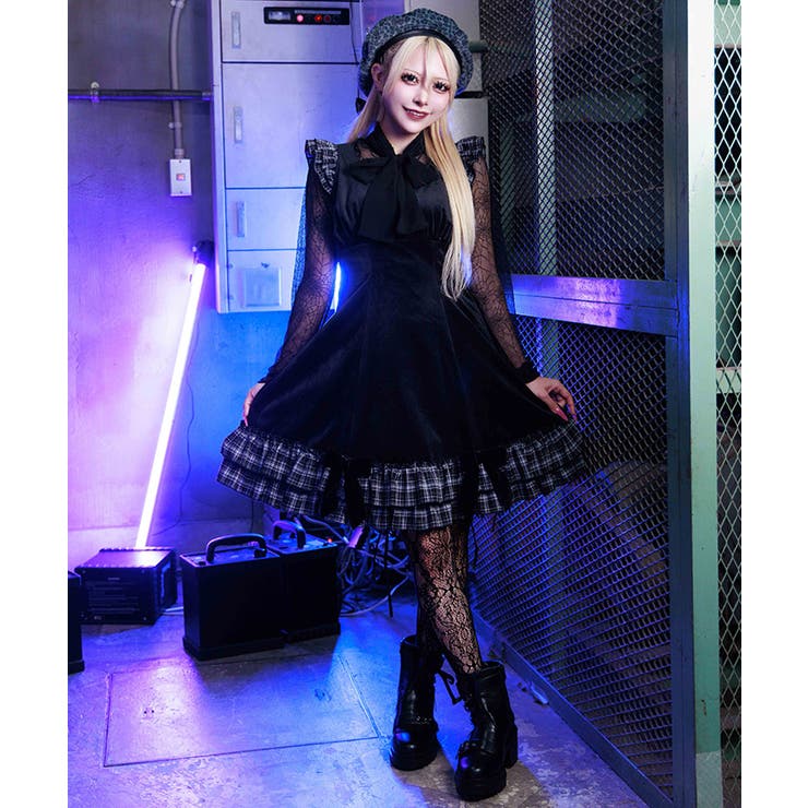 黒 | ベロア×チェックフリルＯＰ | axes femme