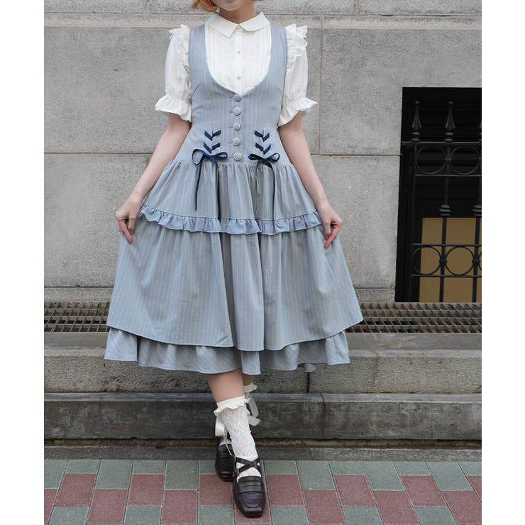 サックス | ダブルリボンストライプジャンパースカート | axes femme