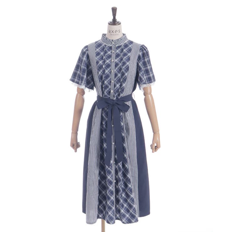 美品 M'S GRACY ワンピース リブニット チェック パッチワーク チェック切替パッチワークワンピース[品番：IGAW0006441]｜axes