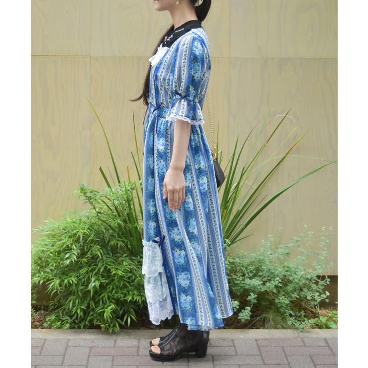 Axes femme 水色 花柄 長袖 ティアードワンピース ブルーミングローズ柄ワンピース | レディース服・レディース