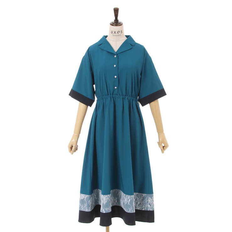 【美品】axes femme レース切替 シャーリング ワンピース M ブルー レース切替ワンピース[品番：IGAW0001880]｜axes femme