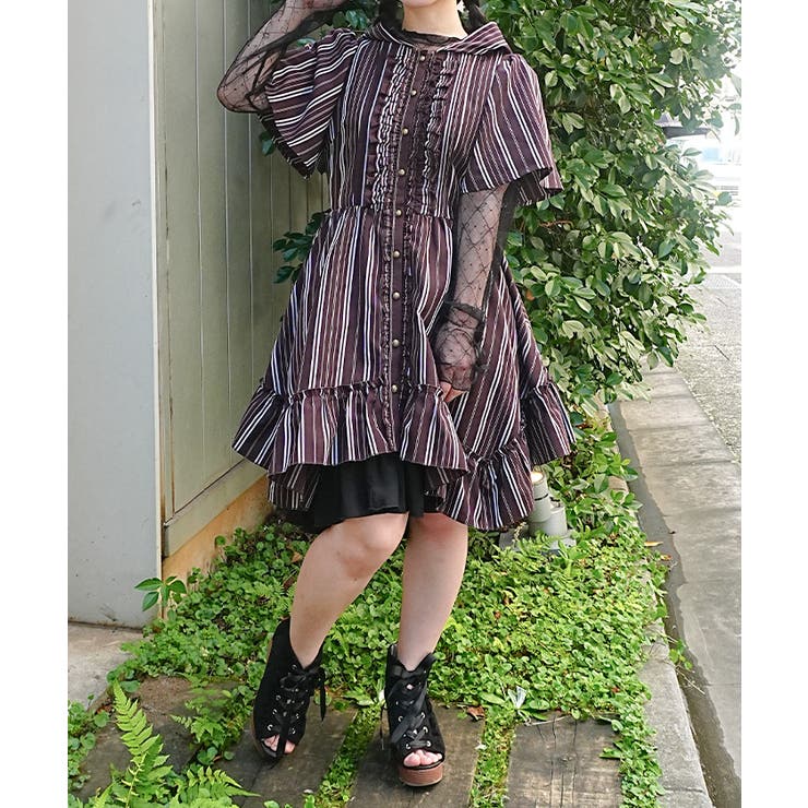Ｄブラウン | ストライプ柄フードシャツワンピース | axes femme
