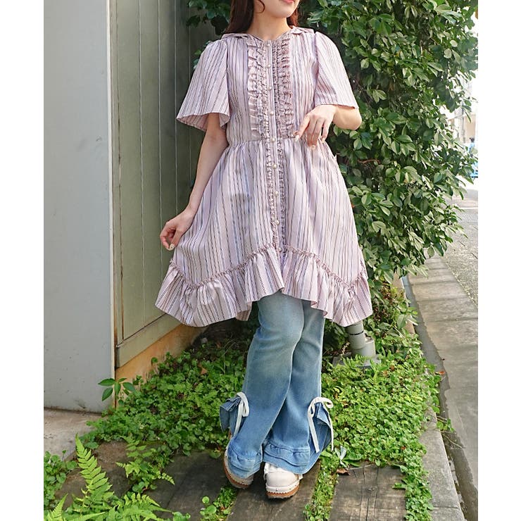 ピンク | ストライプ柄フードシャツワンピース | axes femme