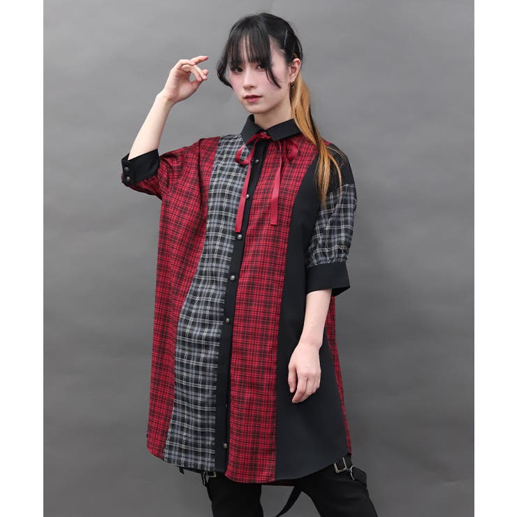 赤 | チェックバイカラーシャツワンピース | axes femme