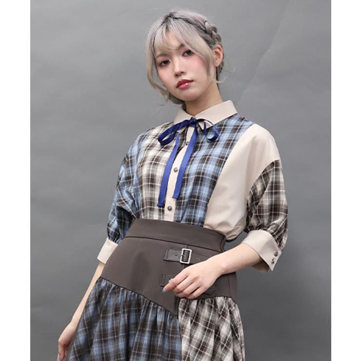 サックス | チェックバイカラーシャツワンピース | axes femme