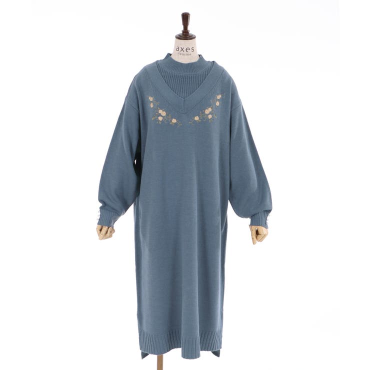 刺繍入レイヤード風ニットOP[品番：IGAW0001270]｜axes femme