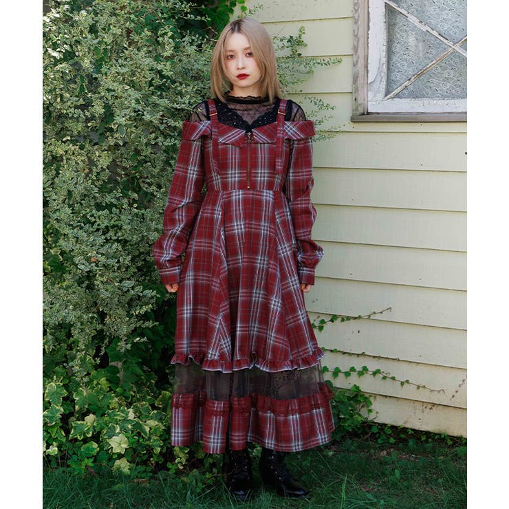ワイン | タータンチェック肩開ワンピース | axes femme