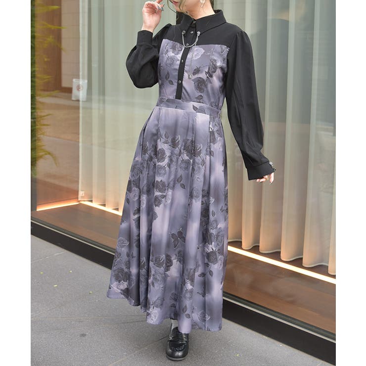 グレー | チェーン付アートローズ柄ワンピース | axes femme