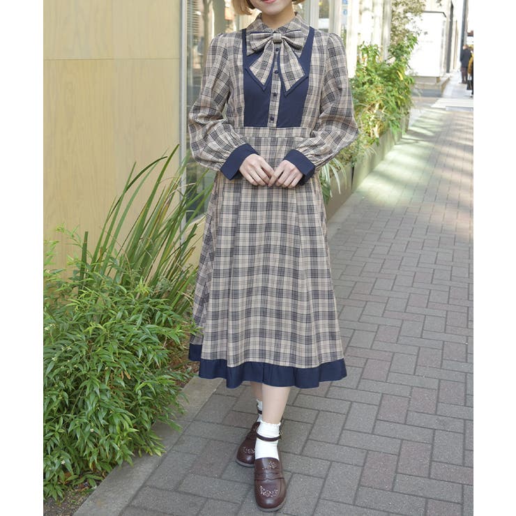 ベージュ | チェック切替シャツワンピース | axes femme