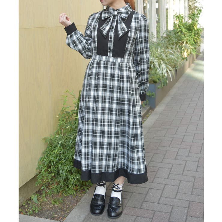 黒 | チェック切替シャツワンピース | axes femme