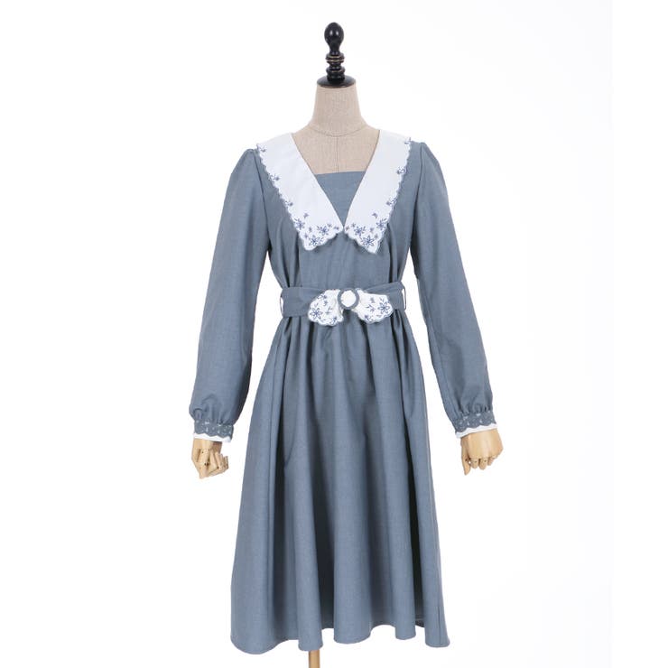 AR25812＊シフォンスリーブ付＊フラワー刺繍ホルタードレスwhM リクエスト受付のみ】ブルー フラワー刺繍レース フィット＆フレ