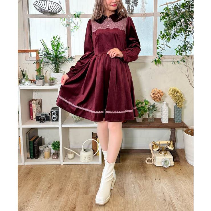 レースデザインベロアワンピース[品番：IGAW0004217]｜axes femme