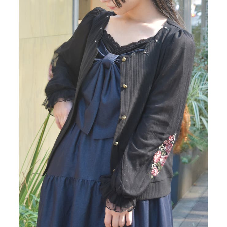 黒 | ローズ刺繍カットカーディガン | axes femme