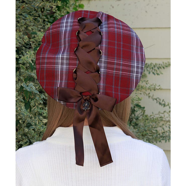 kidill hizume タータンチェック　リボン　ベレー帽 kidill hizume リボンベレー帽 ビッグリボンレースアップバスクベレー