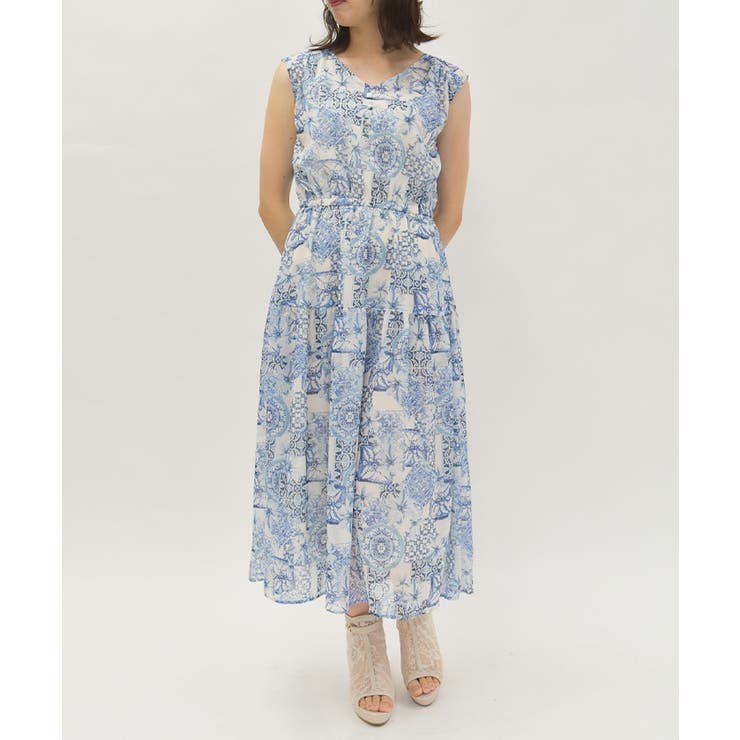 ブルー | フラワー×タイル柄楊柳ワンピース | axes femme