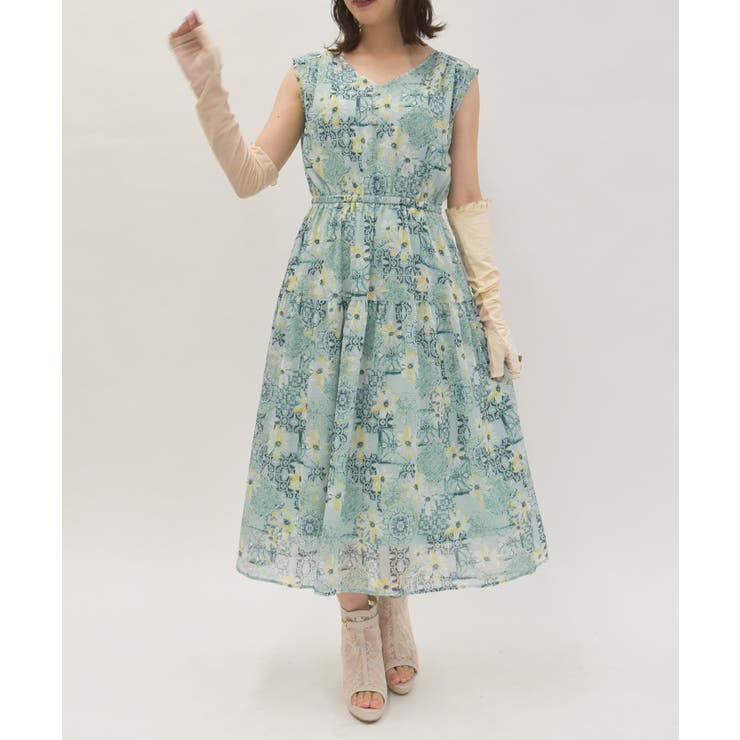 グリーン | フラワー×タイル柄楊柳ワンピース | axes femme