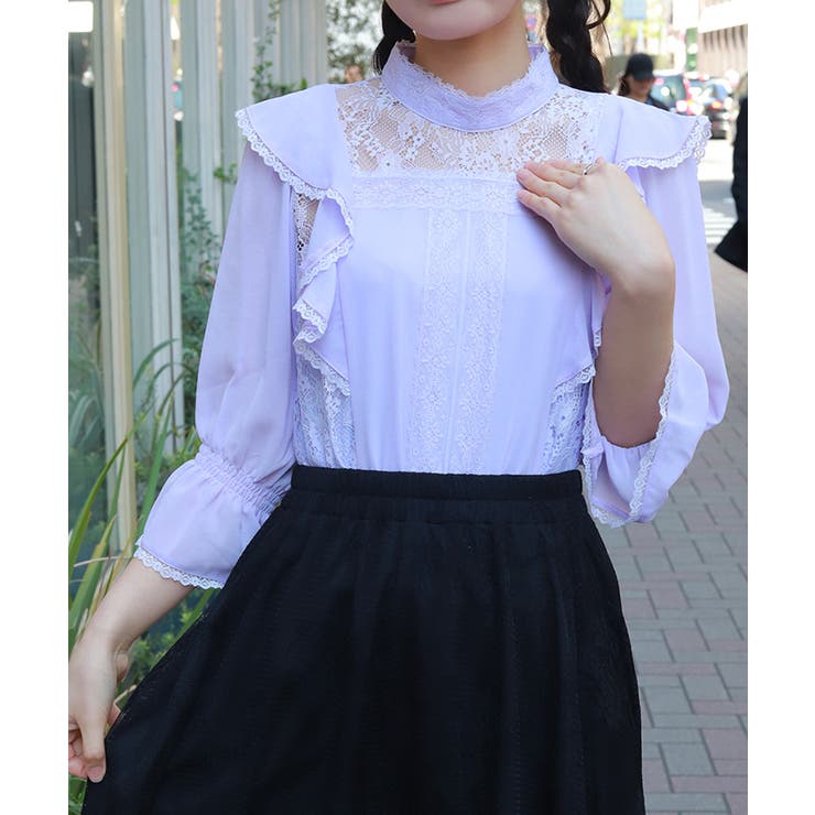ラベンダー | レース×シフォン七分袖ブラウス | axes femme