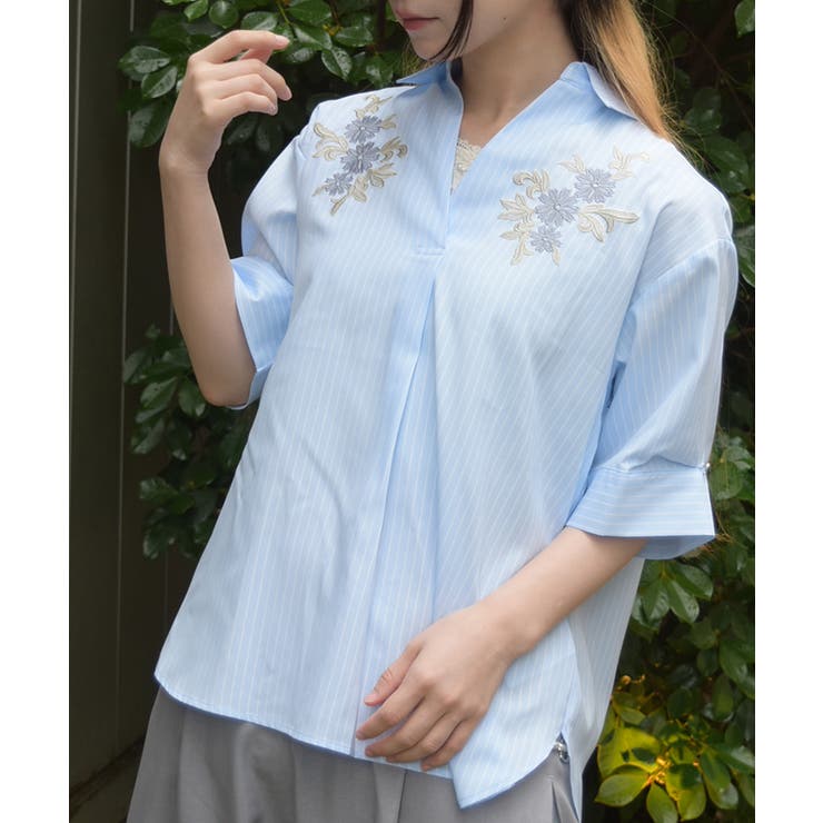 サックス | フラワー刺繍スキッパーシャツ | axes femme