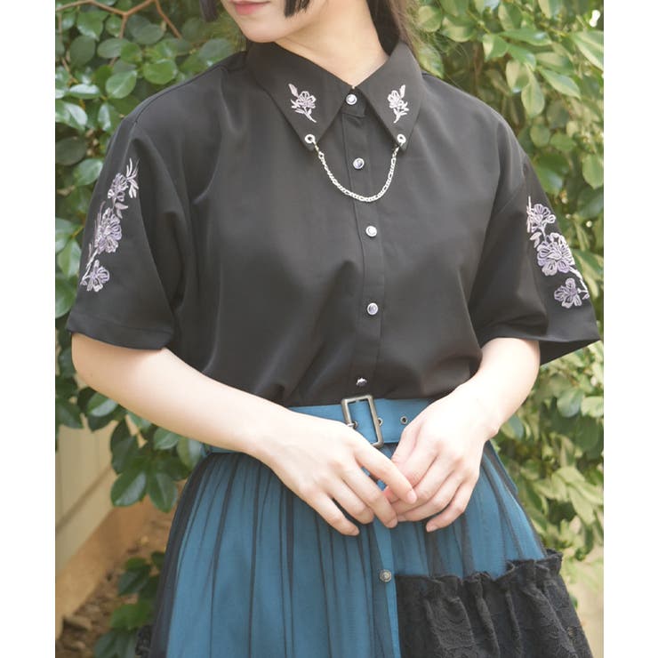 黒 | チェーン付刺繍シャツ | axes femme